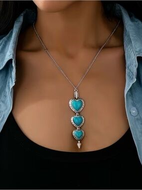 Turquoise Triple Heart Pendant Necklace - Women Jewelry